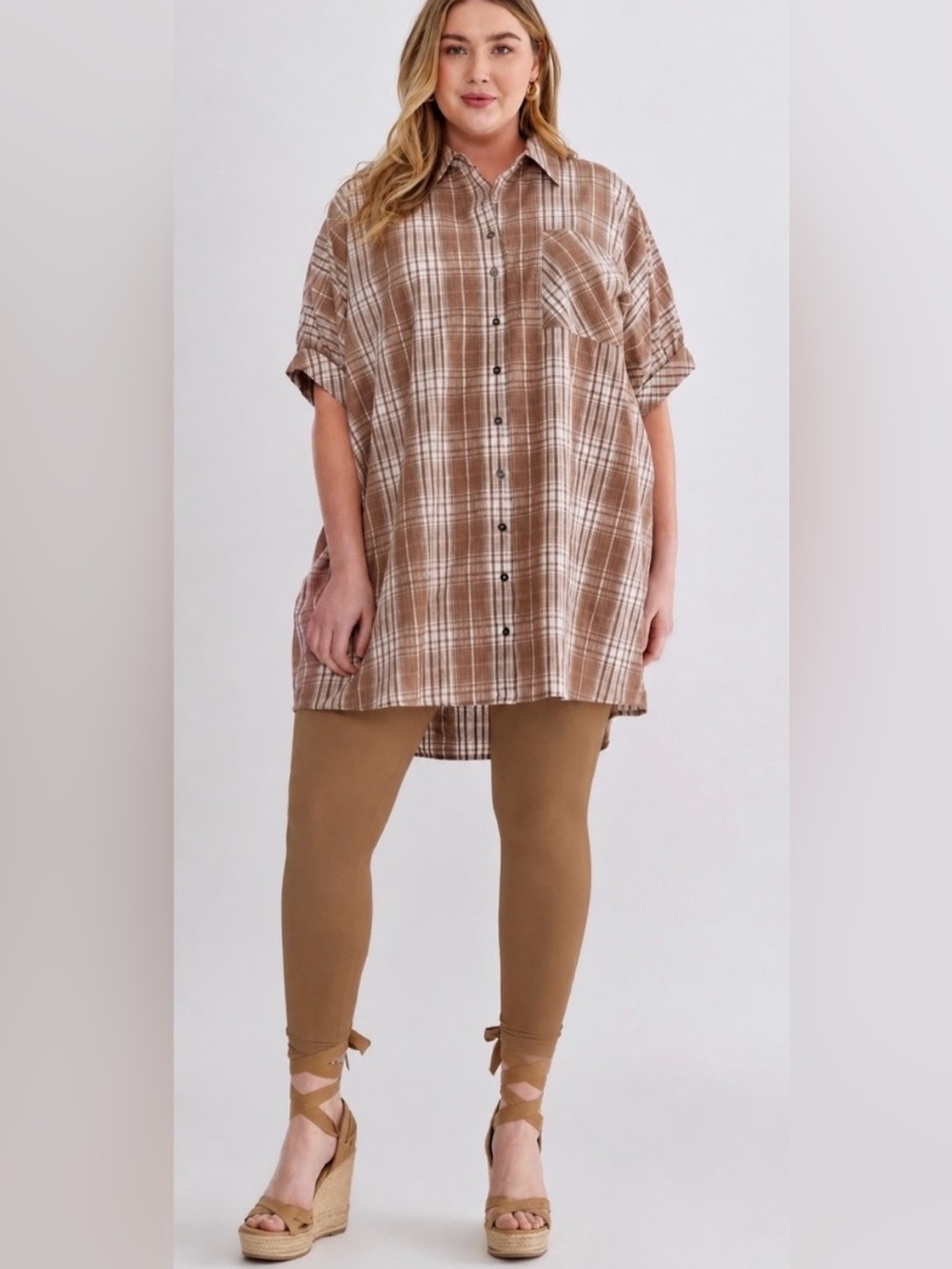 New!Entro Boutique Plaid collared button half sleeve mini dress Size 2X